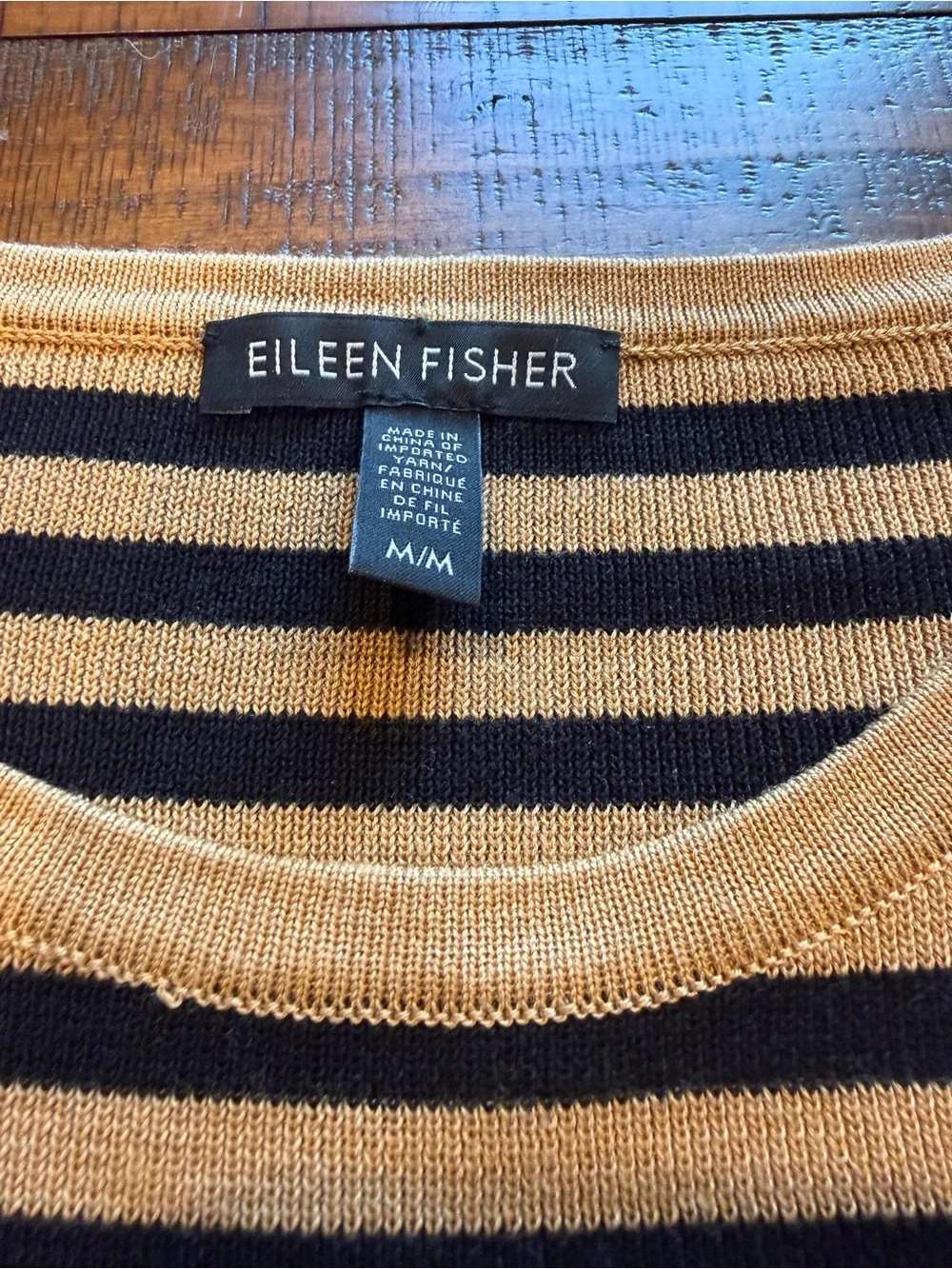Eileen Fisher Tencel Silk Striped Pullover Sweater Medium Clay Tan Black